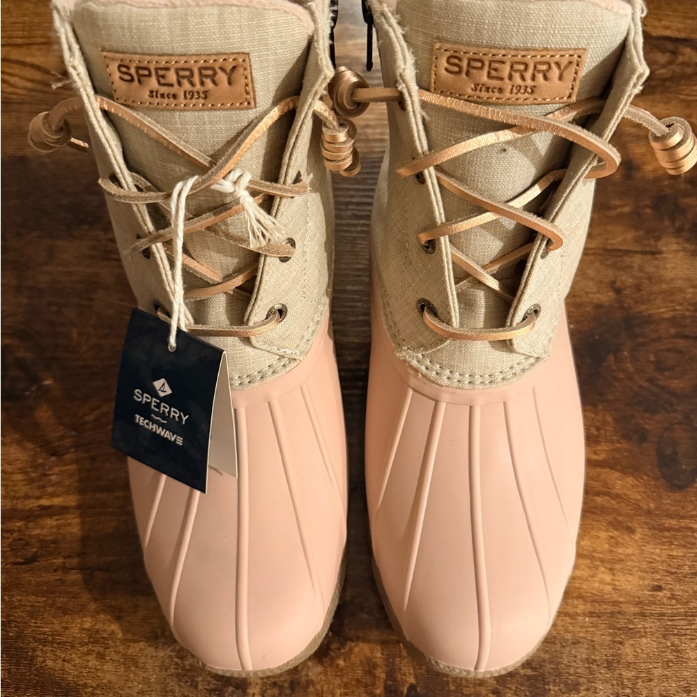 Reserved for****   @uppsychledc  
Sperry Beige and Blush Duck Boots…thank you